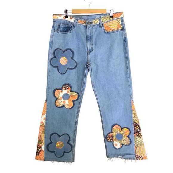 OOAK George Regular Upcycled Boyfriend Jeans “ Flower Flare” Quilted Patch Sz 36 - Picture 1 of 16
